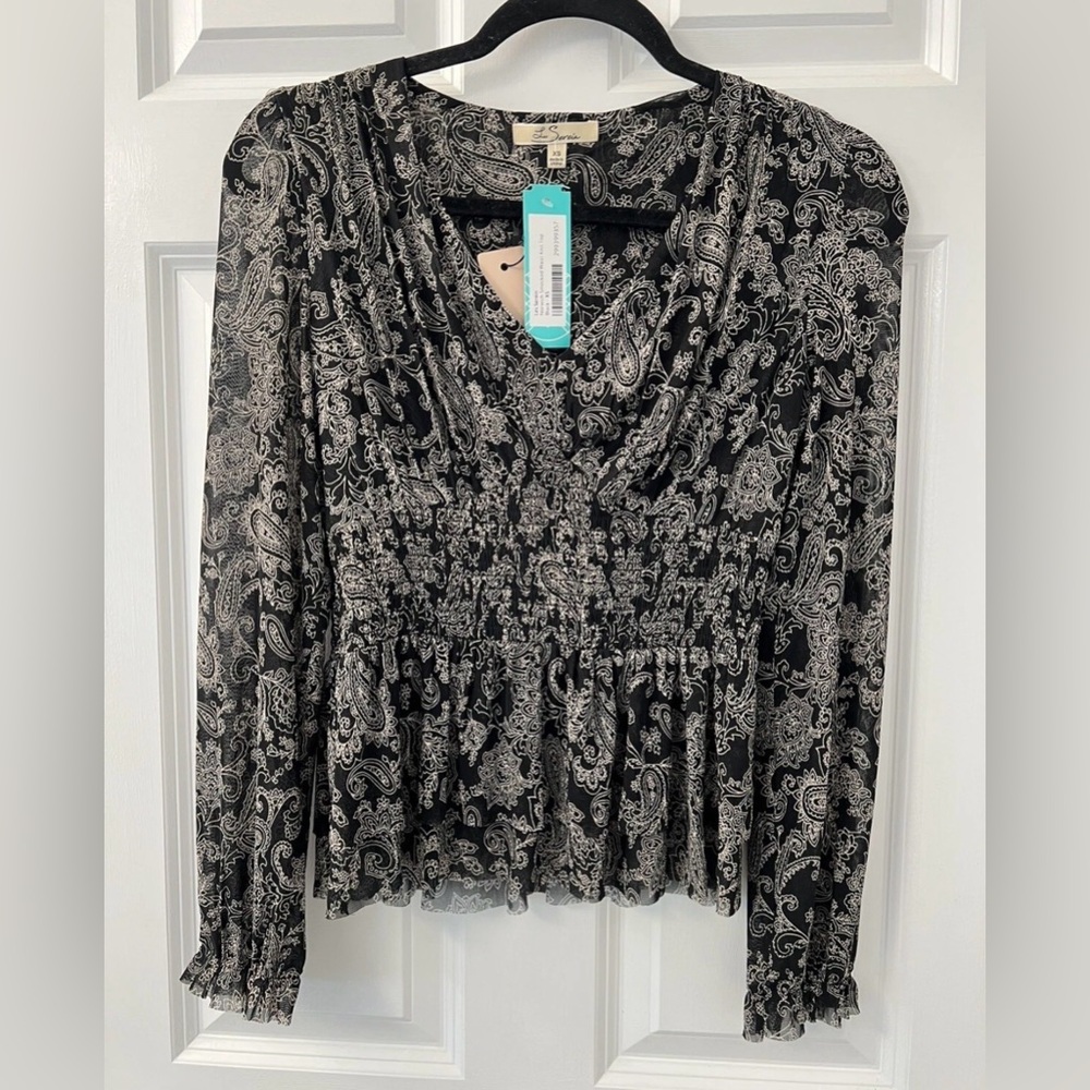 NWT Les Serein Norwich Black Paisley Print Smocked Waist, Knit top Size XS
